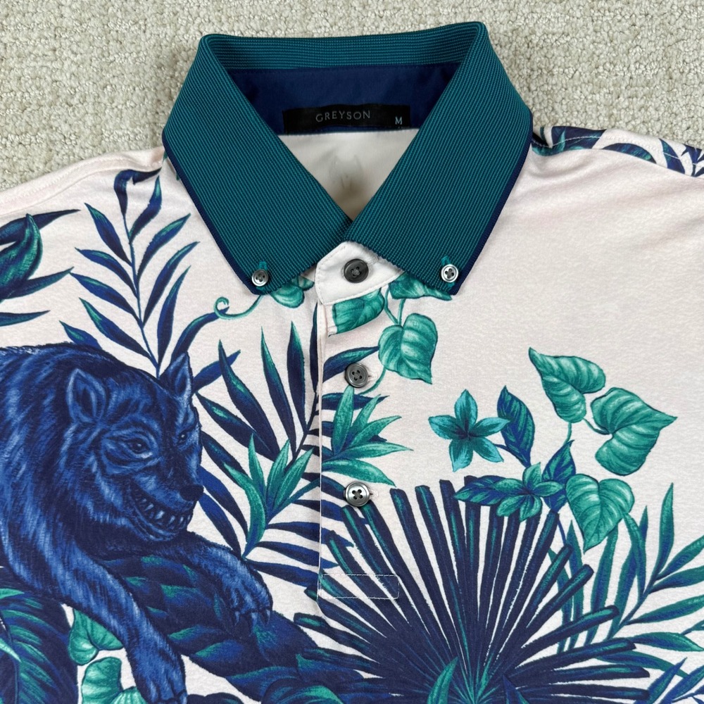 Greyson Mens Medium Pink Blue Jungle Wolf Stag Performance Golf Polo Shirt